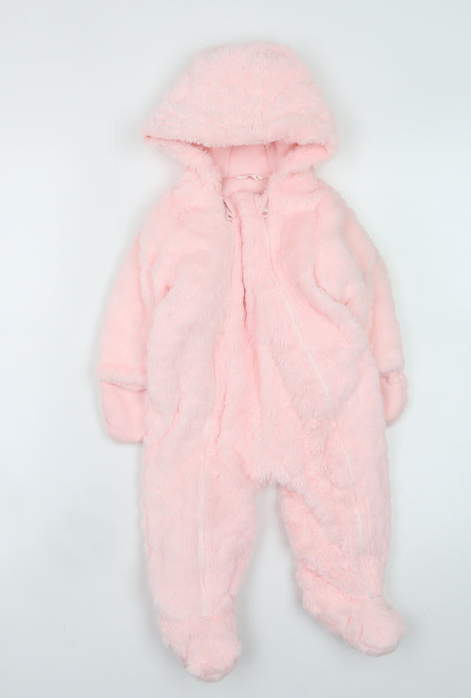 M&Co Pink Faux Fur Hooded Baby Girls Coverall 6-9 Months Winter One-Piece