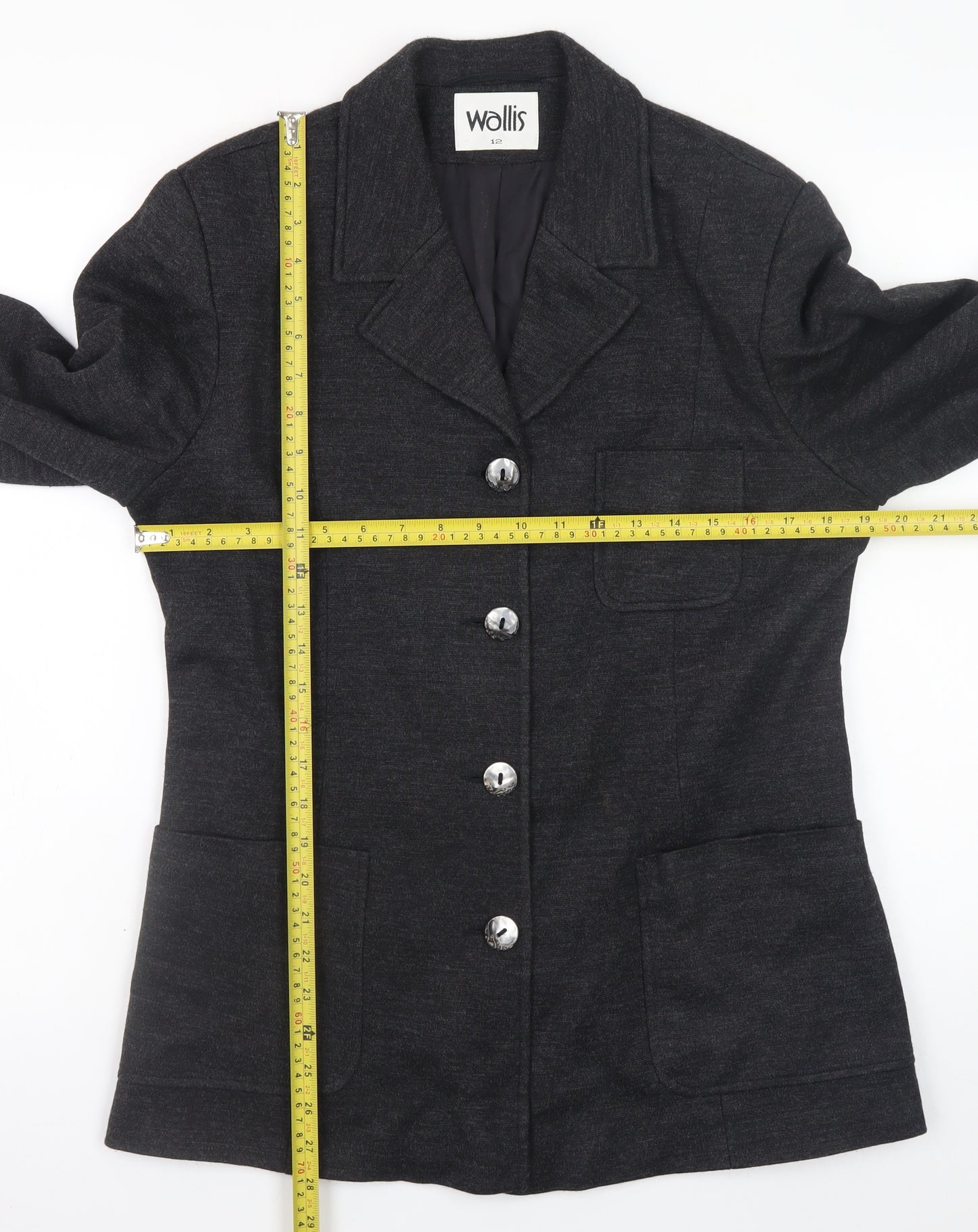 Wallis Women Black Wool Blend Blazer Jacket Size 12 Classic Mid-Length