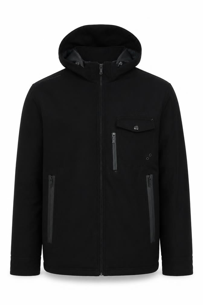 Front view of Brave Soul Men's Black Hooded Soft Shell Jacket, size L, Regular Fit