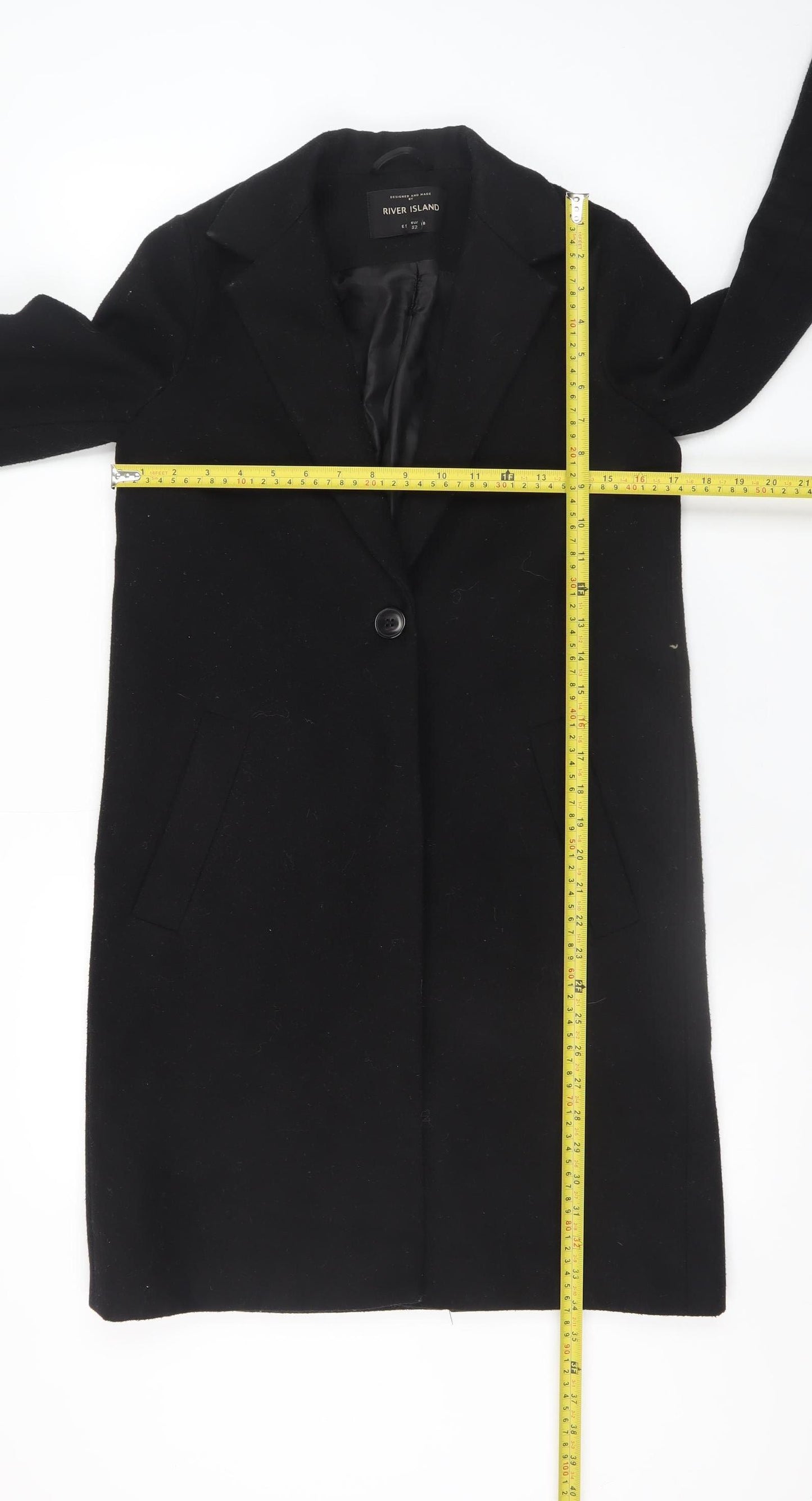 River Island Women’s Black Wool Blend Long Overcoat Size 6