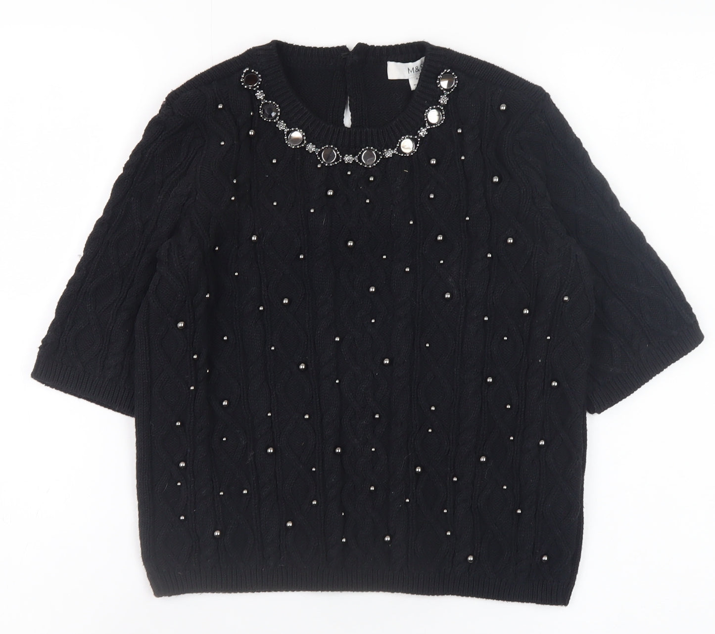 Marks and Spencer Women's Black Beaded Cable Knit Short Sleeve Jumper Size S