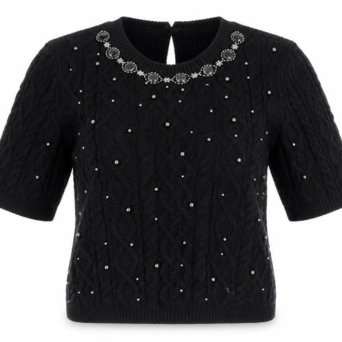 Marks and Spencer Women's Black Beaded Cable Knit Short Sleeve Jumper Size S