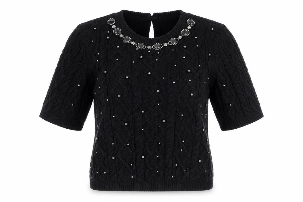 Marks and Spencer Women's Black Beaded Cable Knit Short Sleeve Jumper Size S