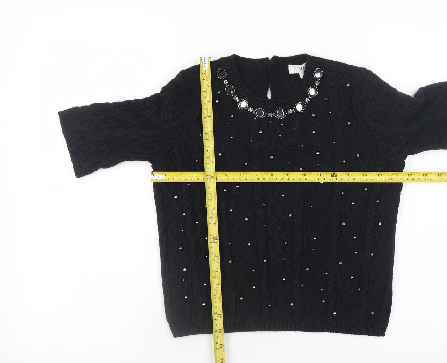 Marks and Spencer Women's Black Beaded Cable Knit Short Sleeve Jumper Size S