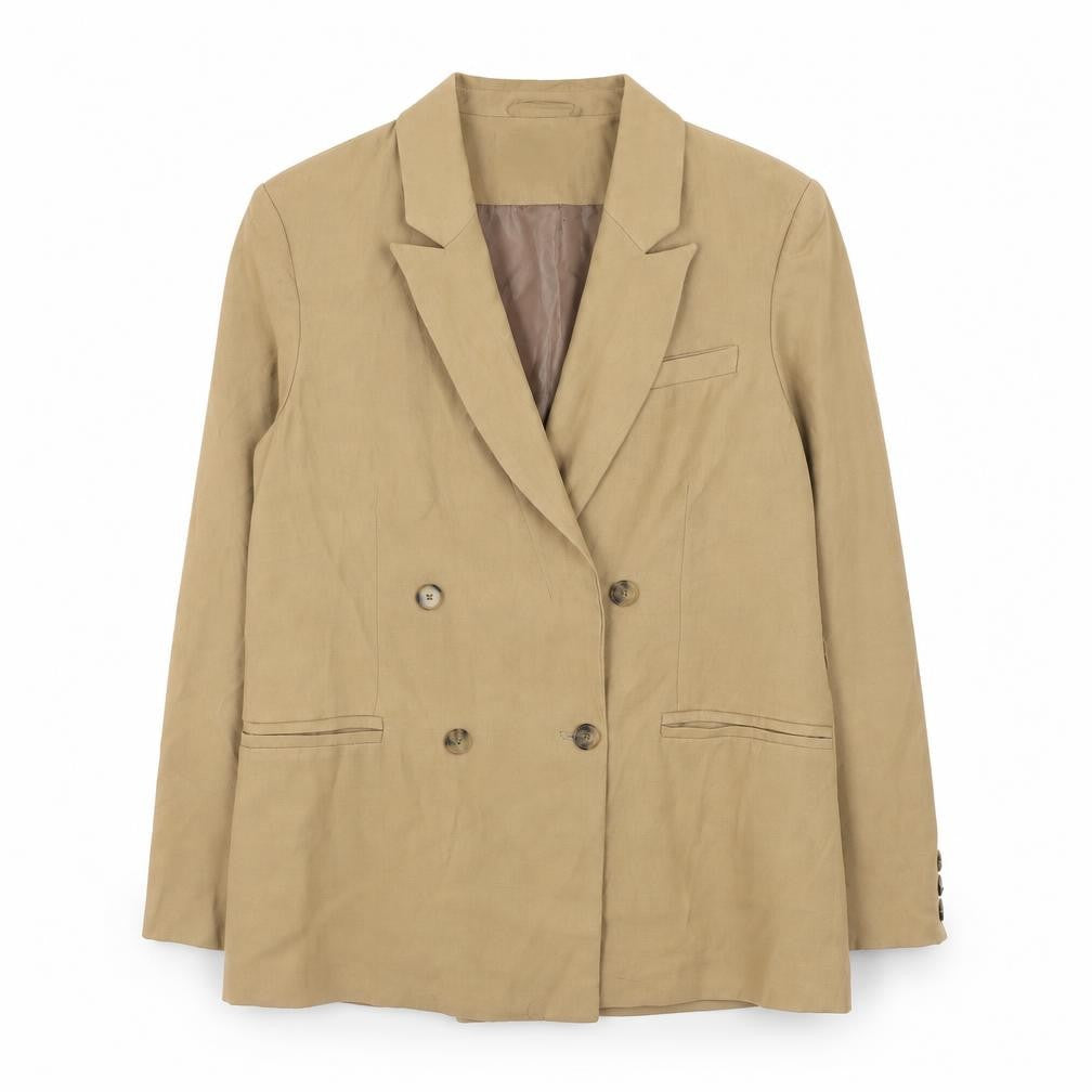 Front view of Topshop Women Beige Blazer UK 14 Regular Twill Double Breasted Jacket