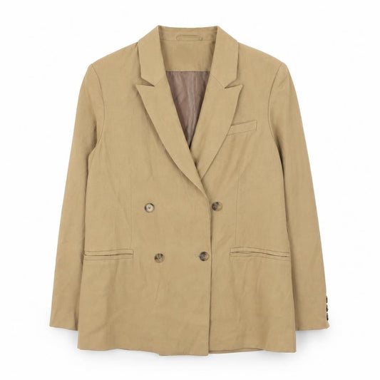 Front view of Topshop Women Beige Blazer UK 14 Regular Twill Double Breasted Jacket