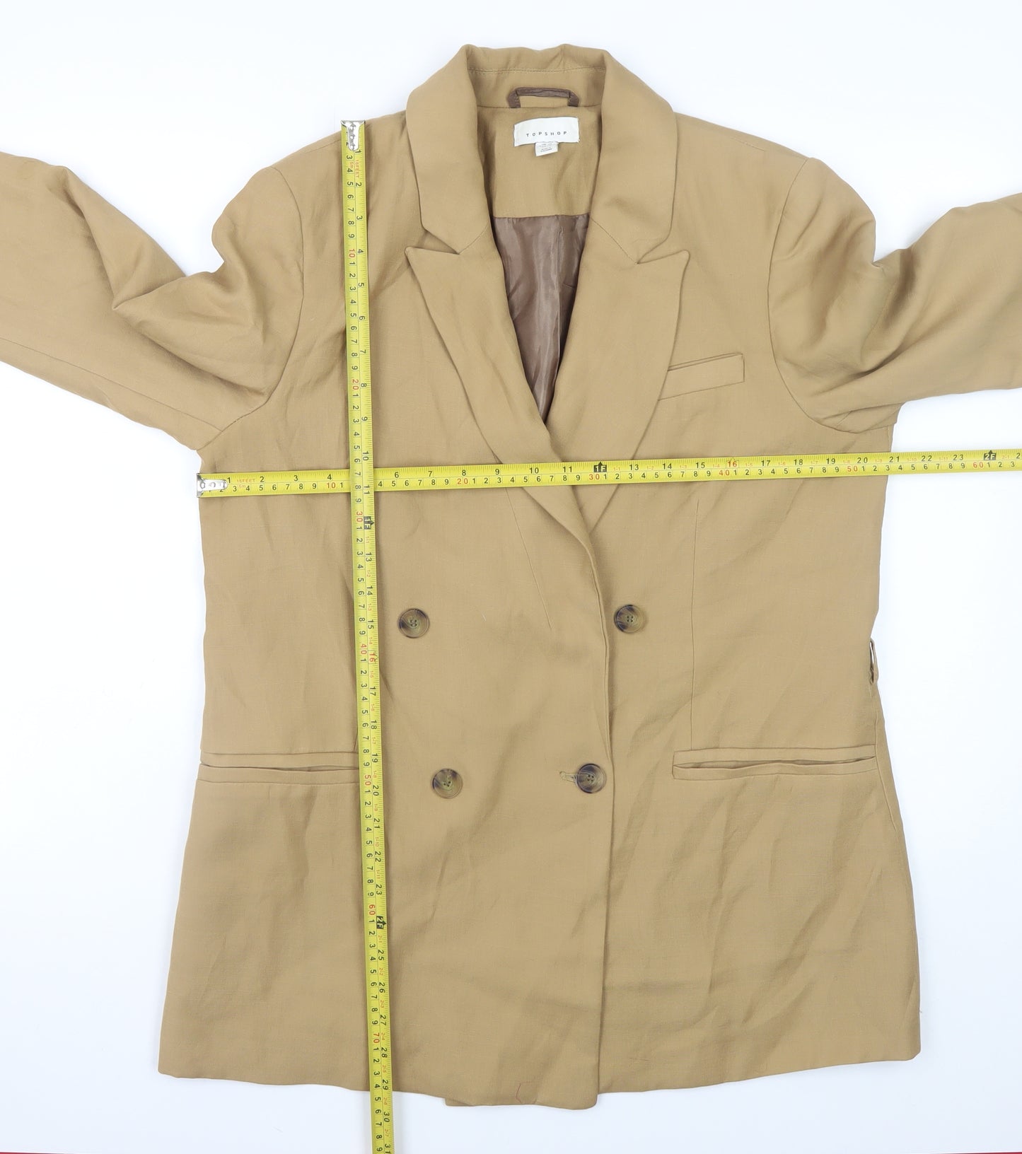 Topshop Women Beige Blazer UK 14 Regular Twill Double Breasted Jacket