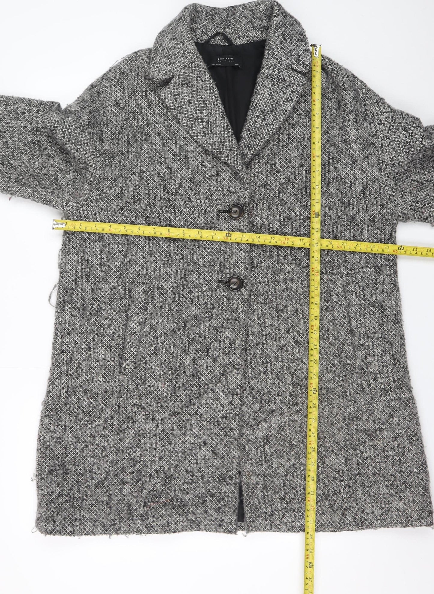 Zara Women Grey Wool Blend Tweed Mid-Length Overcoat Size 12