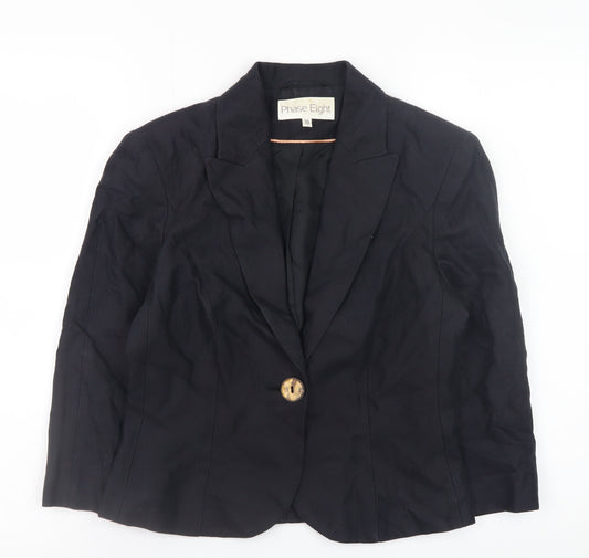 Phase Eight Women Black Linen Cotton Blazer Size 10 Classic Lined Jacket