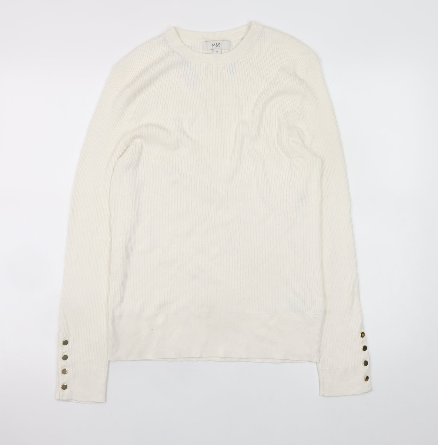 Marks and Spencer Women's Ivory Crew Neck Button Sleeve Jumper Size 14