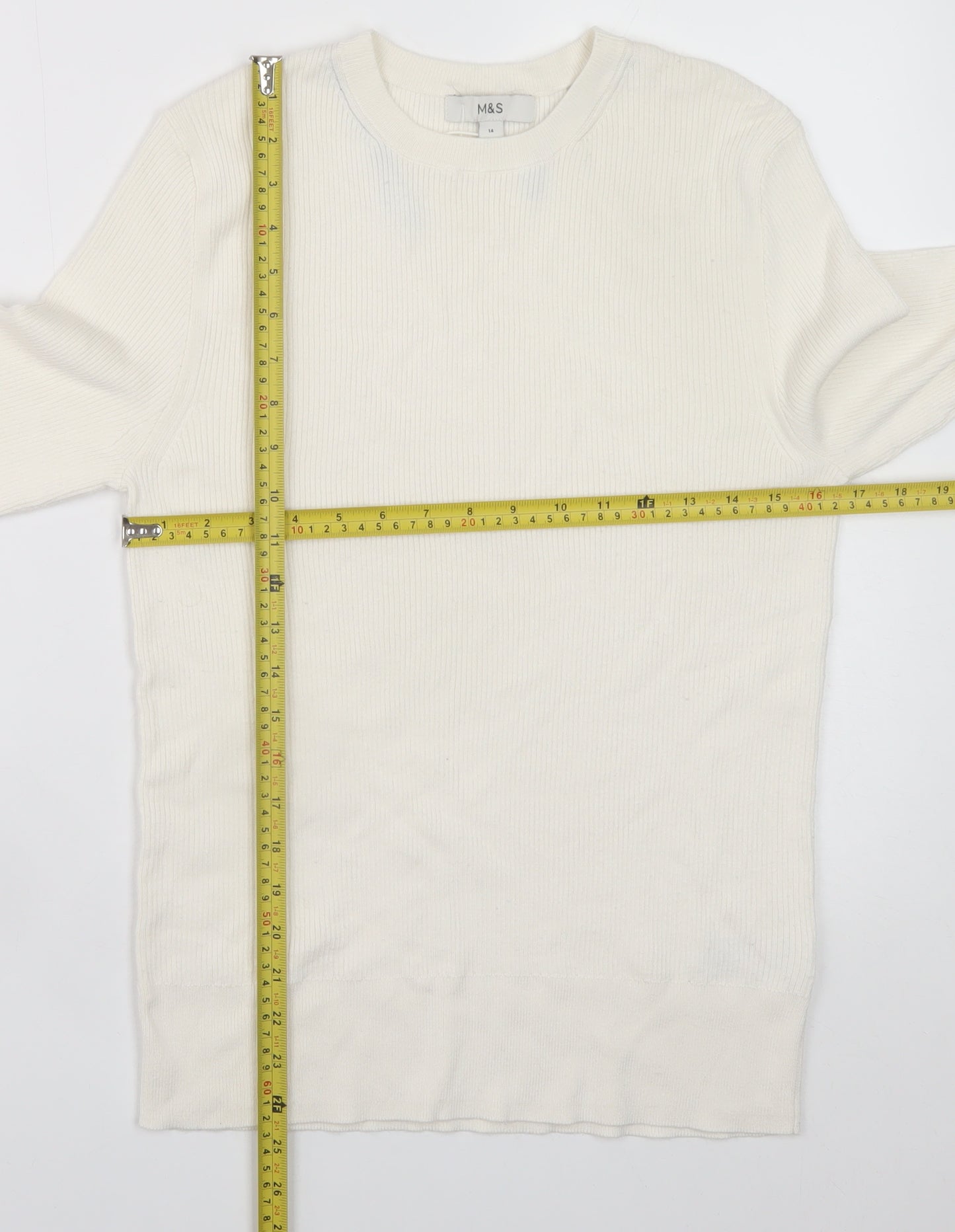 Marks and Spencer Women's Ivory Crew Neck Button Sleeve Jumper Size 14