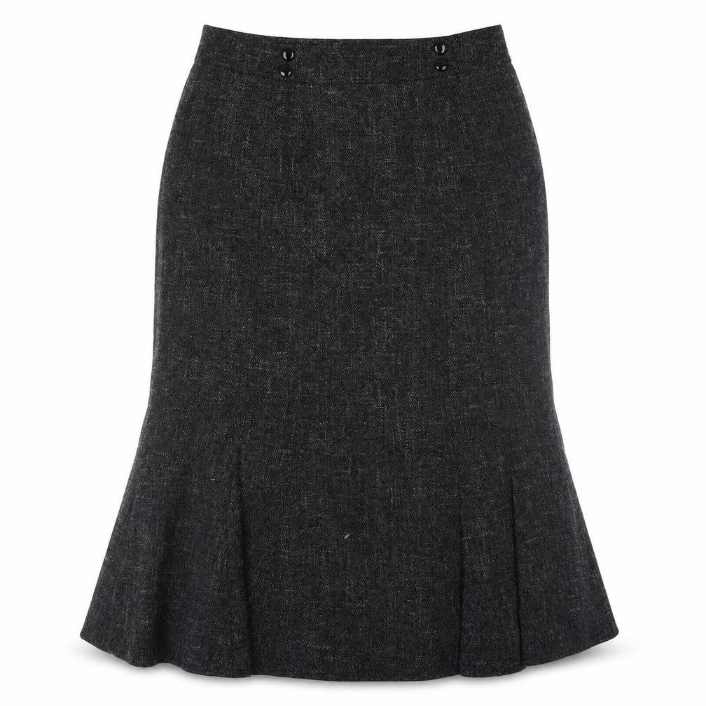 Front view of Viyella Women's Grey Midi Trumpet Skirt, size 12, Polyester Blend
