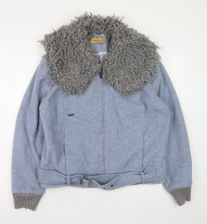 Marks and Spencer Women Blue Wool Belted Biker Jacket Size 16