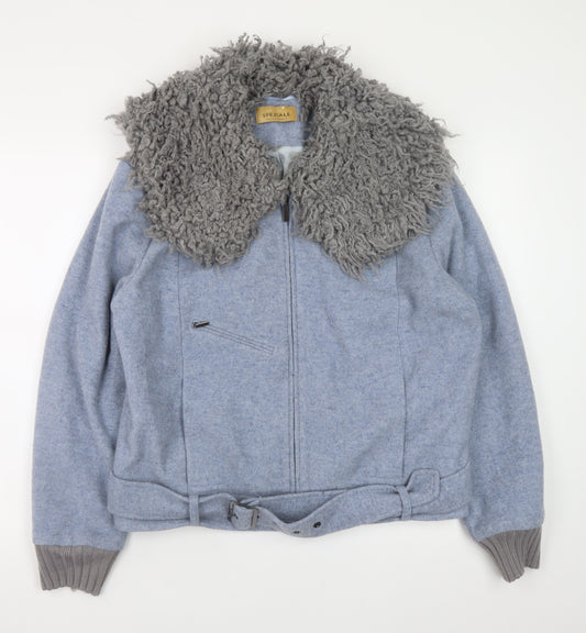 Marks and Spencer Women Blue Wool Belted Biker Jacket Size 16