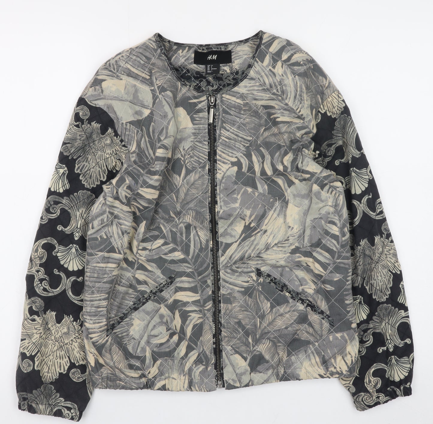 H&M Womens Grey Floral Quilted Bomber Jacket Size 6