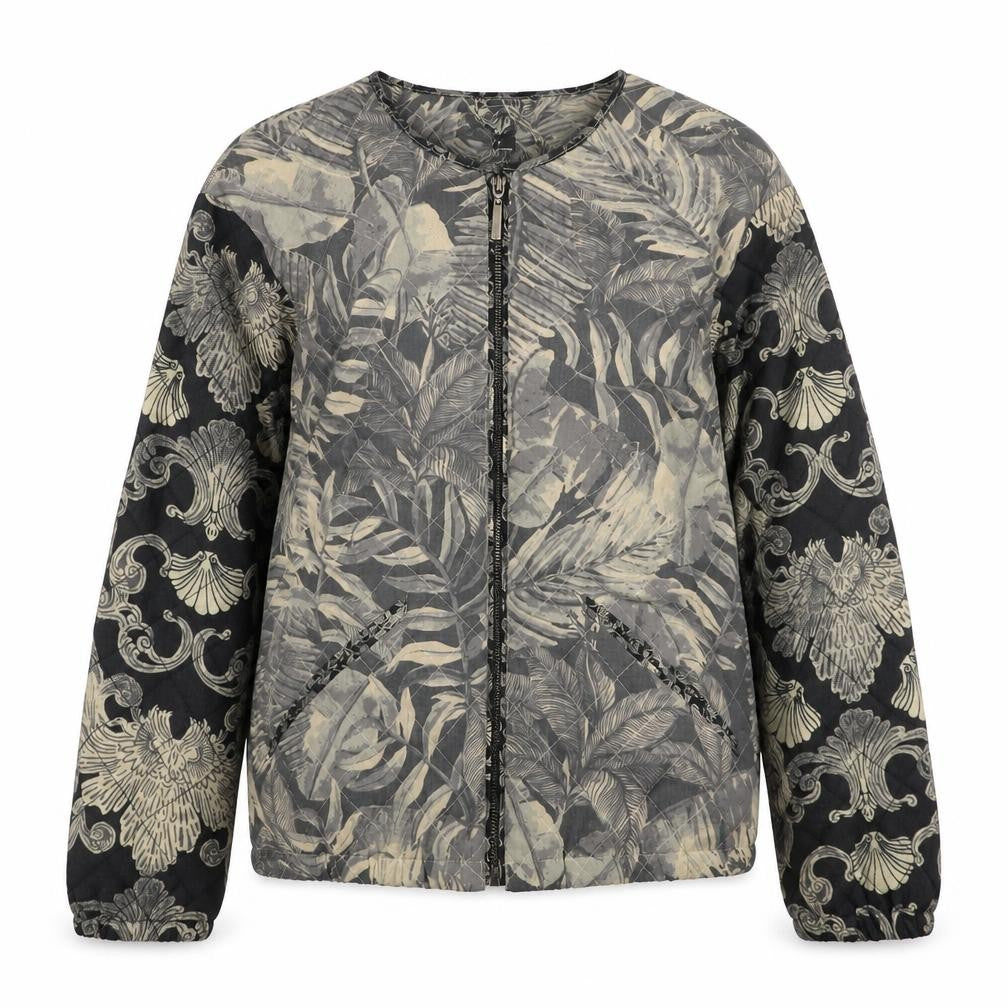 Front view of H&M women’s grey floral quilted bomber jacket, size UK 6
