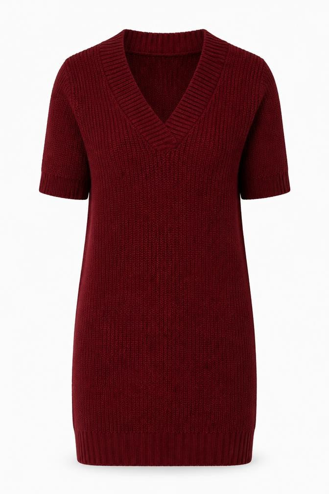 Front view of Threadbare Women’s Red Knit V-Neck Jumper Dress, size UK 10