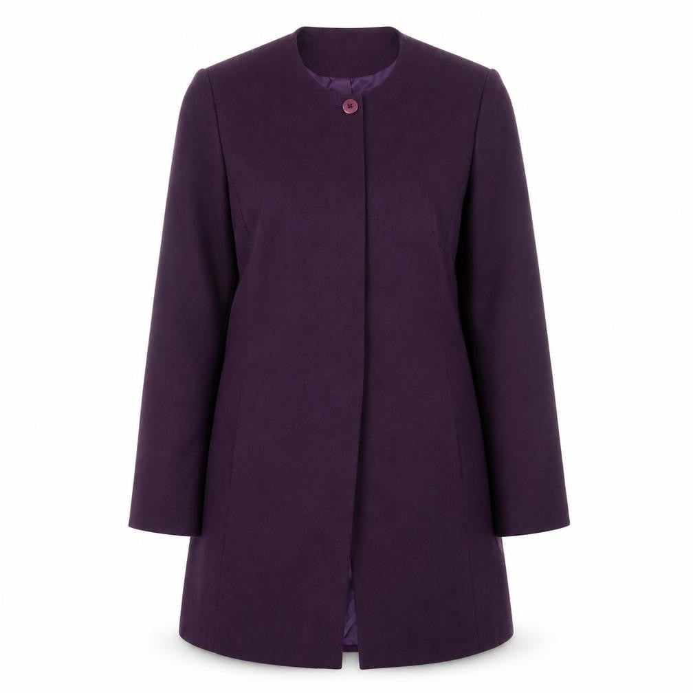 Front view of Isabelle women’s purple long coat, size UK 14, classic collarless overcoat