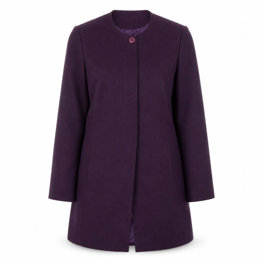 Front view of Isabelle women’s purple long coat, size UK 14, classic collarless overcoat