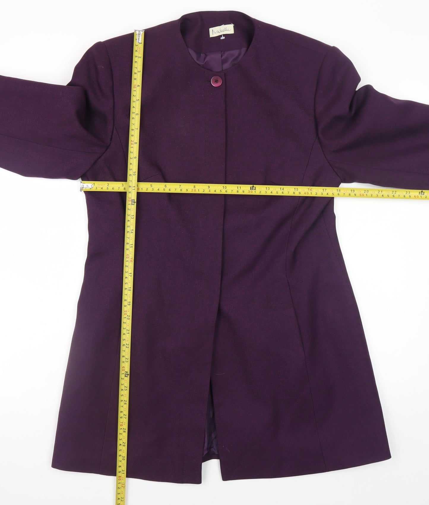 Isabelle Womens Purple Long Coat Size 14 Classic Collarless Overcoat