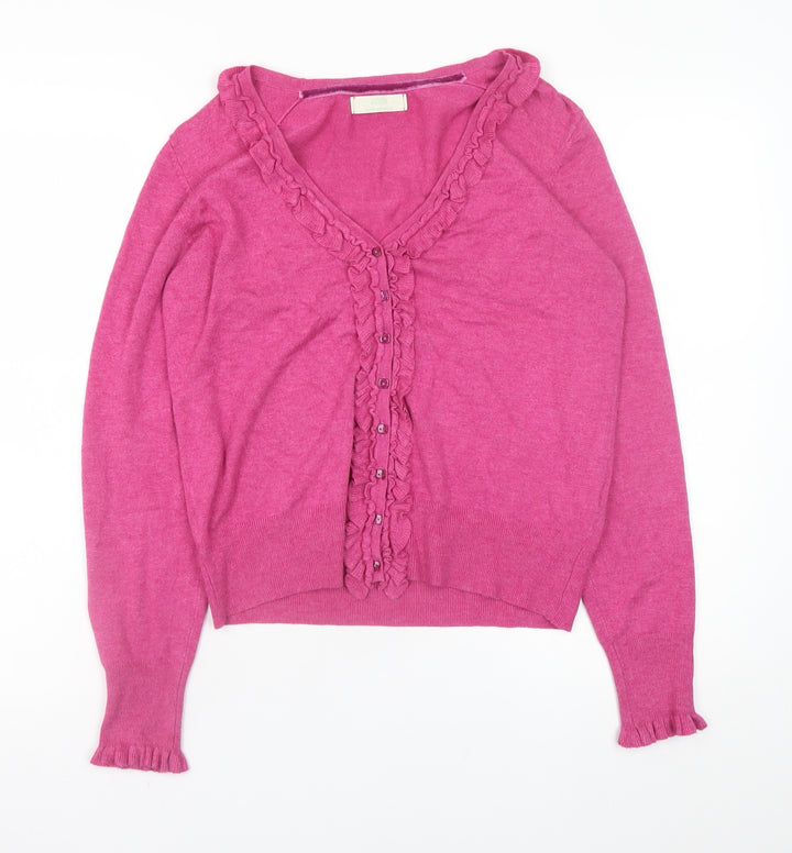 Marks and Spencer Womens Pink Ruffle Cardigan Size 12 V-Neck Knit