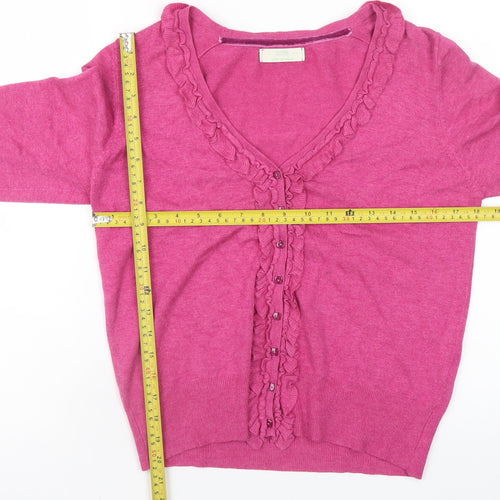 Marks and Spencer Womens Pink Ruffle Cardigan Size 12 V-Neck Knit
