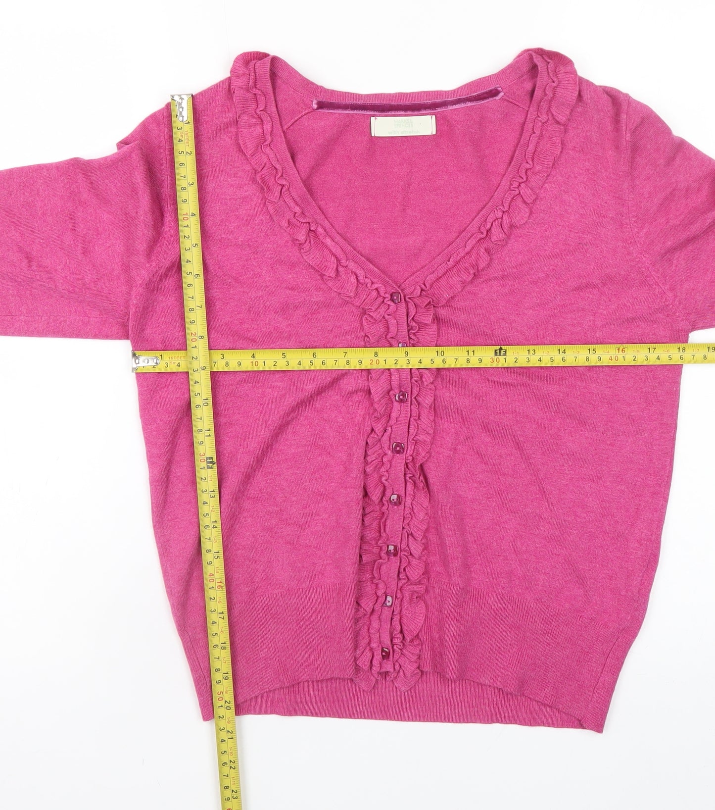 Marks and Spencer Womens Pink Ruffle Cardigan Size 12 V-Neck Knit