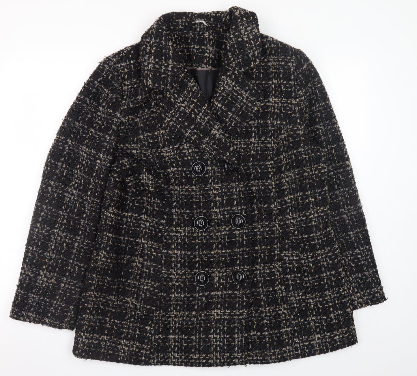 Bm Collection Women's Black Wool Blend Tweed Pea Coat Size 16