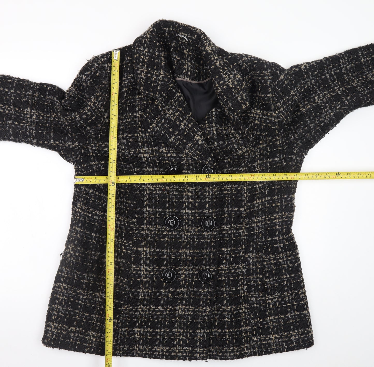 Bm Collection Women's Black Wool Blend Tweed Pea Coat Size 16