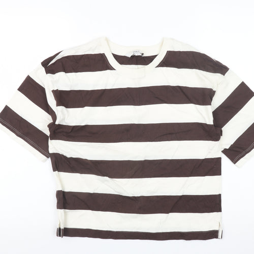 Marks and Spencer Women Brown Striped Cotton T-Shirt Size 6