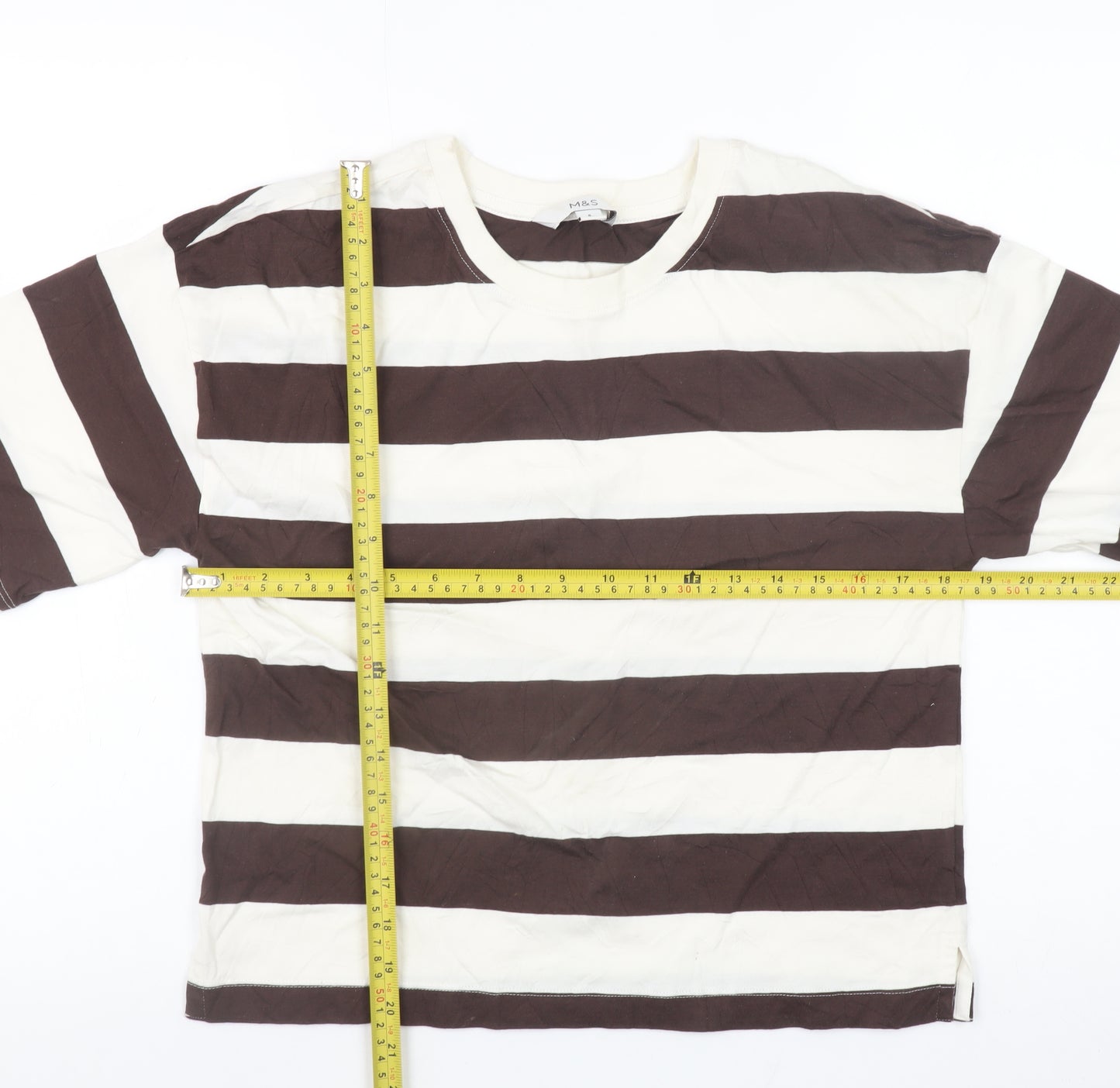 Marks and Spencer Women Brown Striped Cotton T-Shirt Size 6