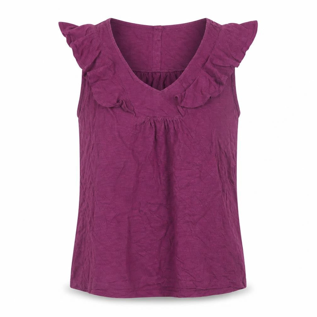 Front view of FatFace Women's Purple Ruffle Sleeveless Tunic Blouse, size 8