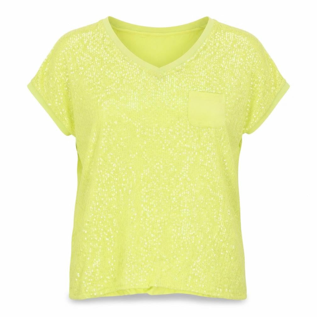 Front view of Next Women's Yellow Sequin V-Neck Short Sleeve T-Shirt, size 8
