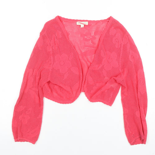 Monsoon Women Pink Floral Open-Knit Cotton Shrug M
