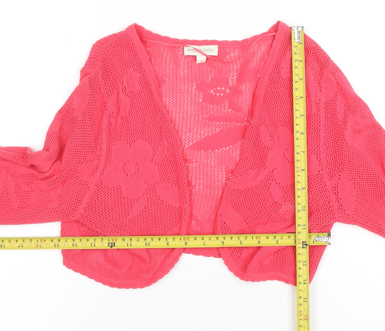 Monsoon Women Pink Floral Open-Knit Cotton Shrug M