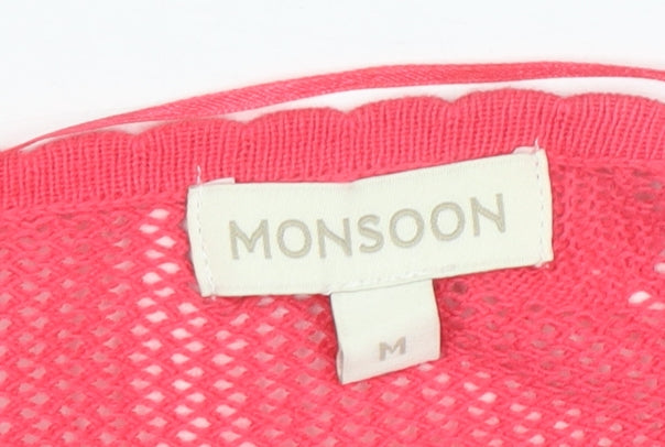 Monsoon Women Pink Floral Open-Knit Cotton Shrug M