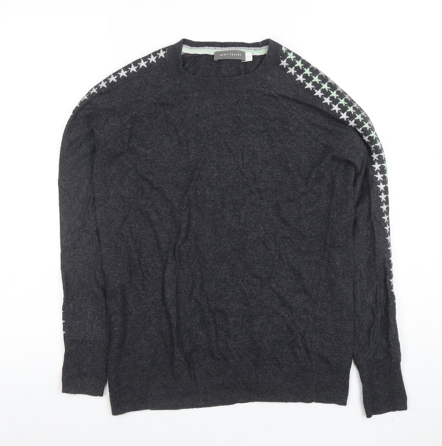 Mint Velvet Womens Grey Star Sleeve Crew Neck Knit Jumper XS
