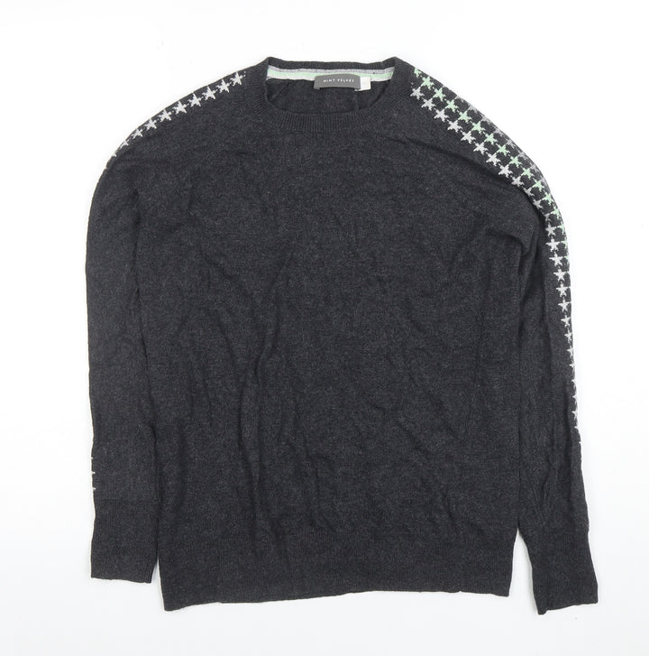 Mint Velvet Womens Grey Star Sleeve Crew Neck Knit Jumper XS