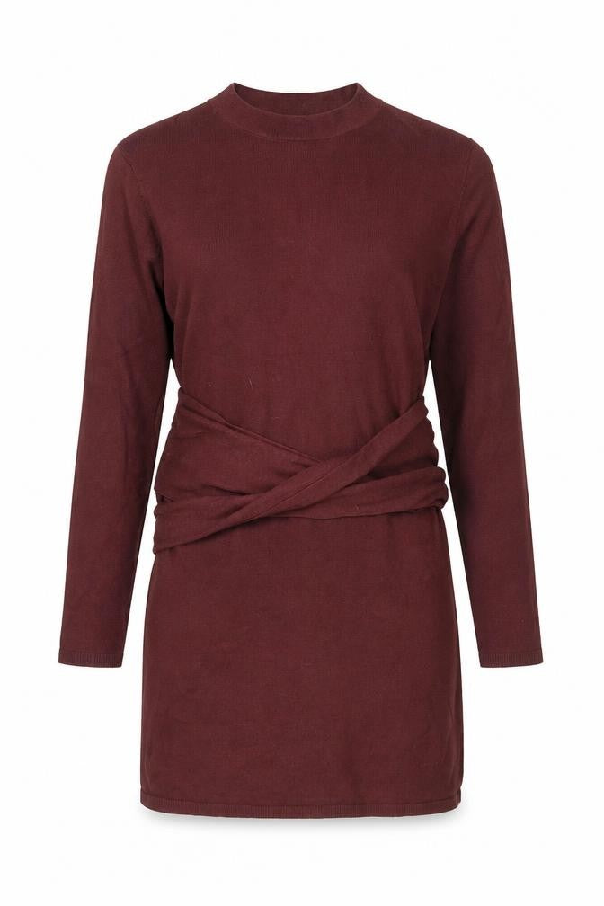 Front view of R Edition women’s brown long sleeve belted cardigan, size UK 12
