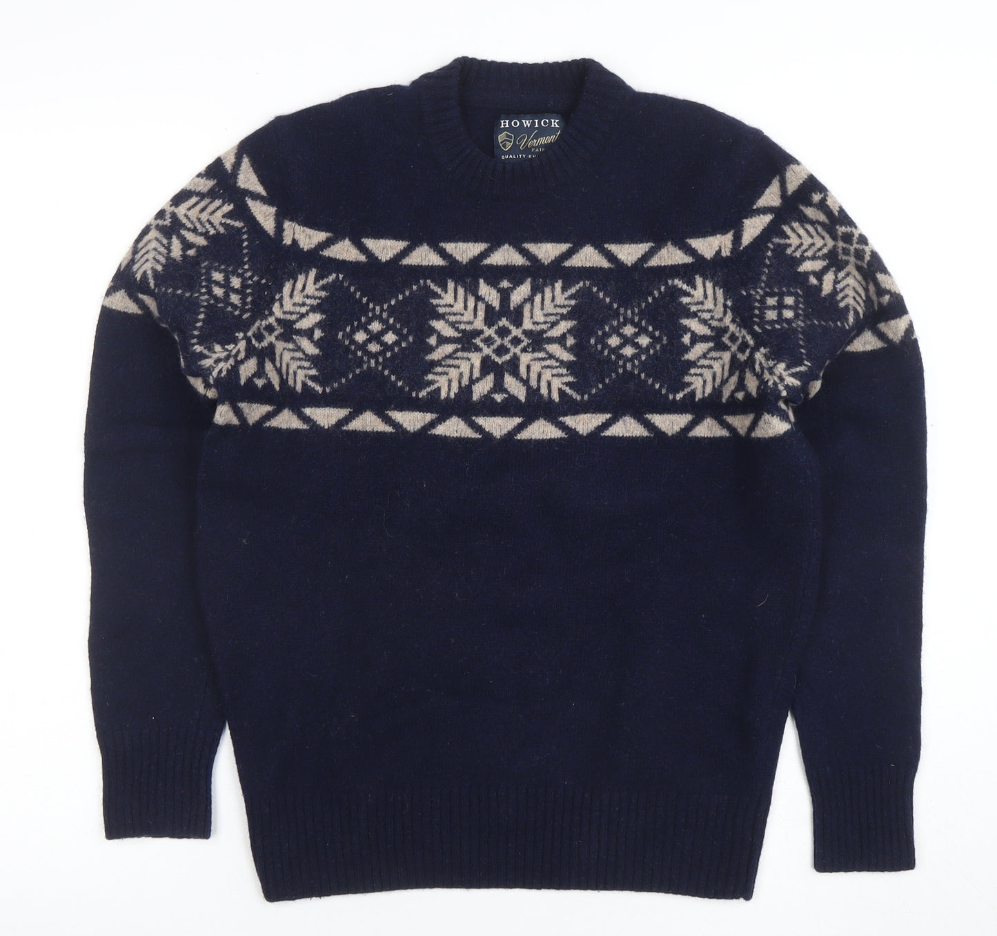 Howick Men's Blue Fair Isle Wool Blend Crew Neck Jumper Size S