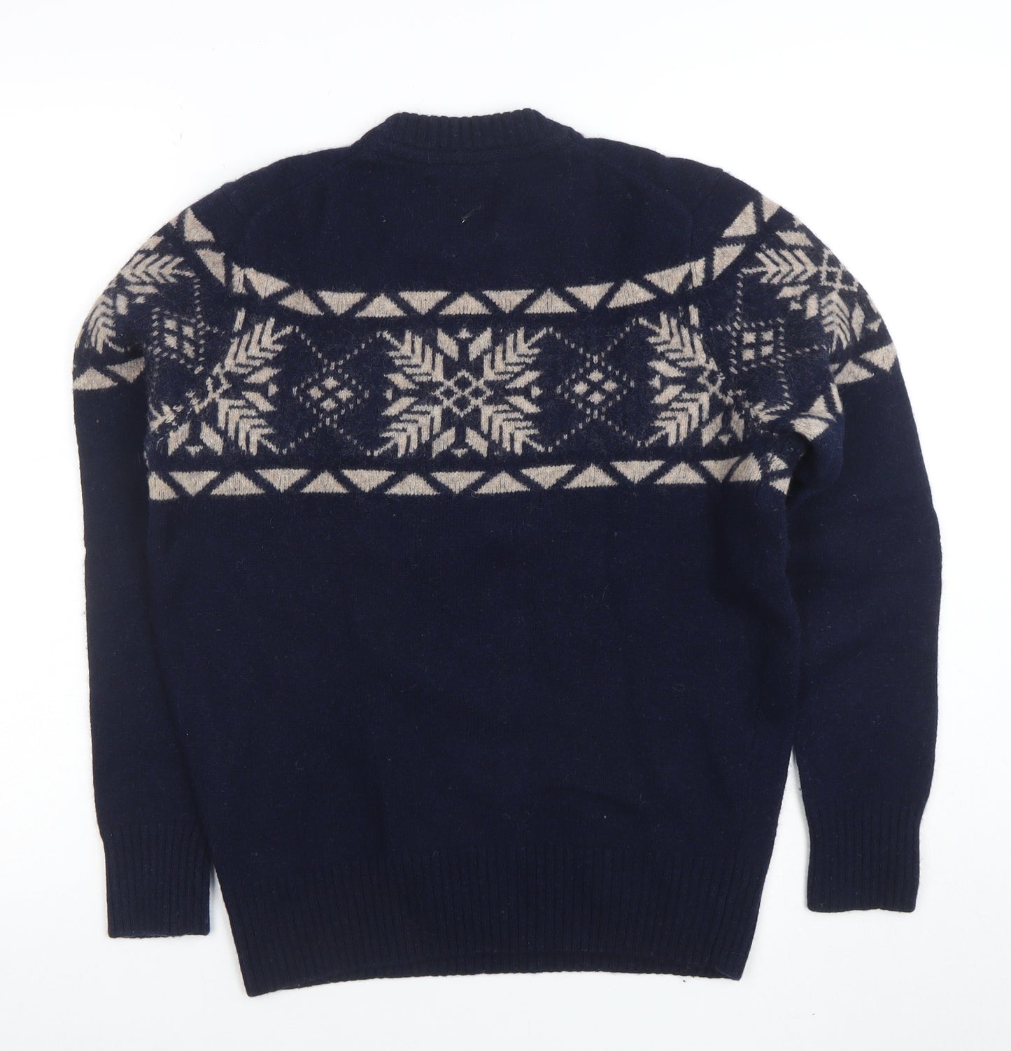 Howick Men's Blue Fair Isle Wool Blend Crew Neck Jumper Size S