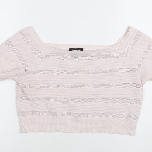 New Look Women Pink Knit Cropped Square Neck Short Sleeve Top Size 18