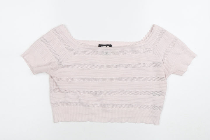 New Look Women Pink Knit Cropped Square Neck Short Sleeve Top Size 18