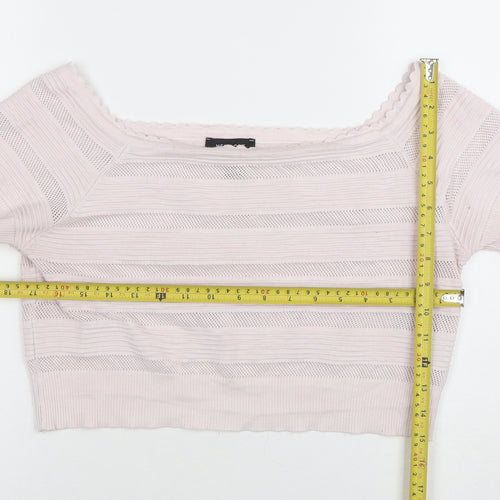 New Look Women Pink Knit Cropped Square Neck Short Sleeve Top Size 18