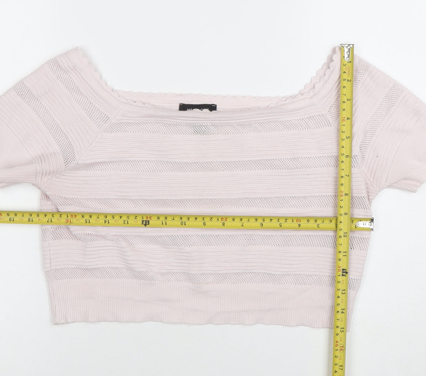 New Look Women Pink Knit Cropped Square Neck Short Sleeve Top Size 18