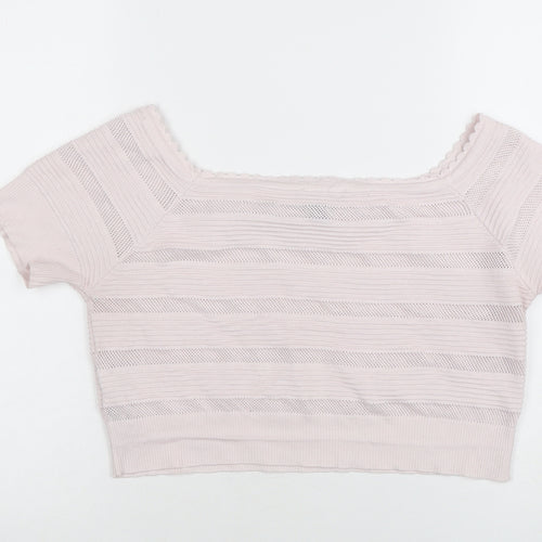 New Look Women Pink Knit Cropped Square Neck Short Sleeve Top Size 18