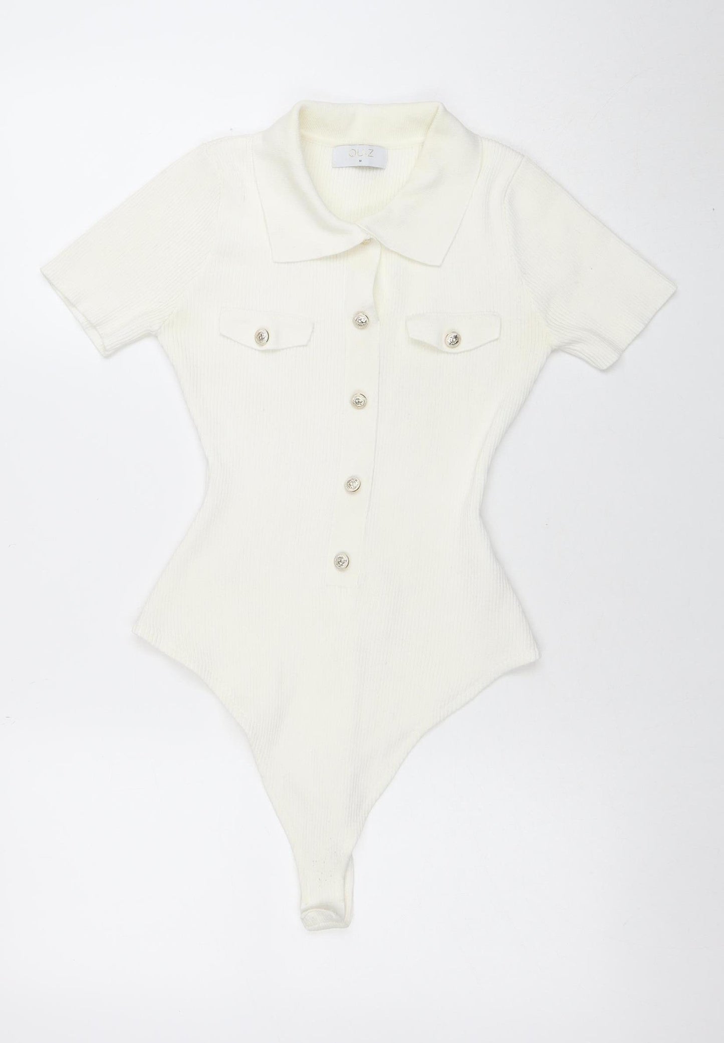 Quiz Women Ivory Ribbed Short Sleeve Collared Button Bodysuit M