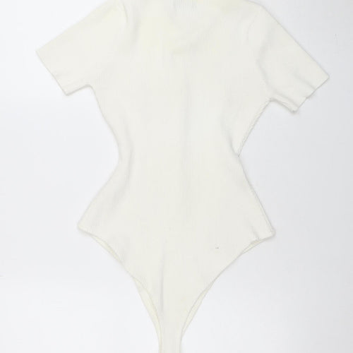Quiz Women Ivory Ribbed Short Sleeve Collared Button Bodysuit M