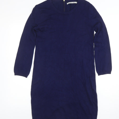 Zara Knit Women Blue Knee Length Sweater Dress M 3/4 Sleeve Zip Back