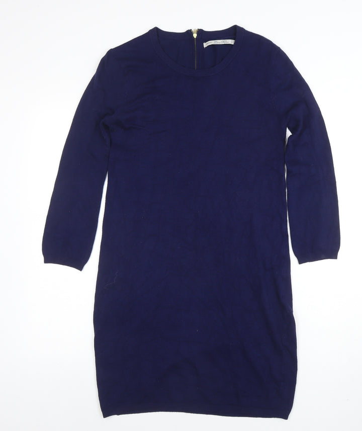 Zara Knit Women Blue Knee Length Sweater Dress M 3/4 Sleeve Zip Back